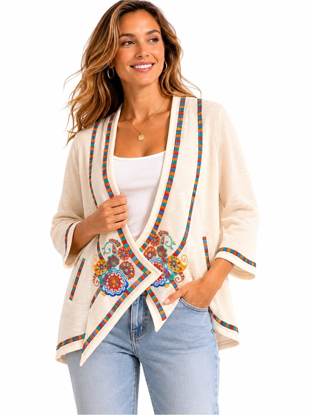 THML Embroidered Open Front Cardigan Hooded Boho Southwestern Jacket Large